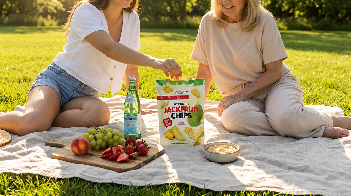 Two women sitting on a linen picnic blanket on green grass, one reaching into an open Pho'nomenal Jackfruit Chips bag, fresh fruit board and sp