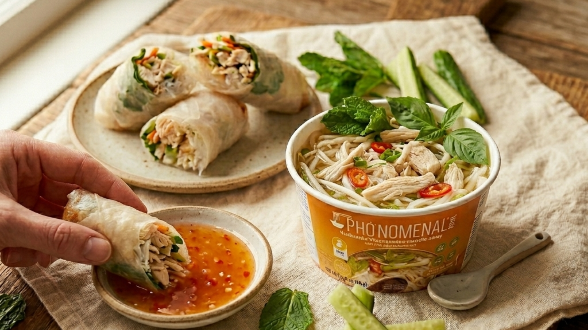 Hands assembling a rice paper spring roll with chicken, cucumber, and mint on a linen surface