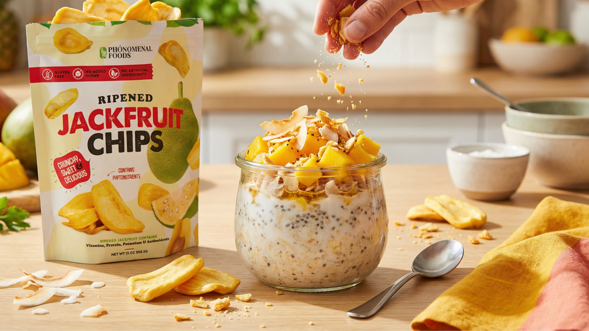 Tropical overnight oats topped with mango, coconut flakes, and crushed jackfruit chips