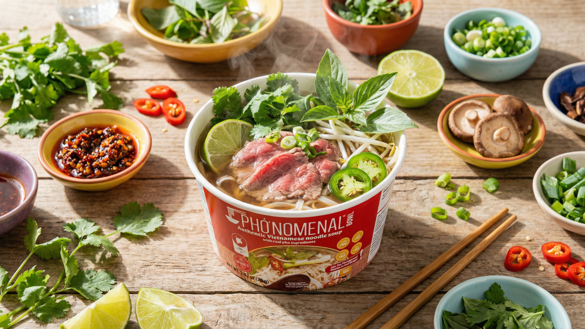 Alt Text  pho bowl with herbs lime bean sprouts and chili crisp toppings