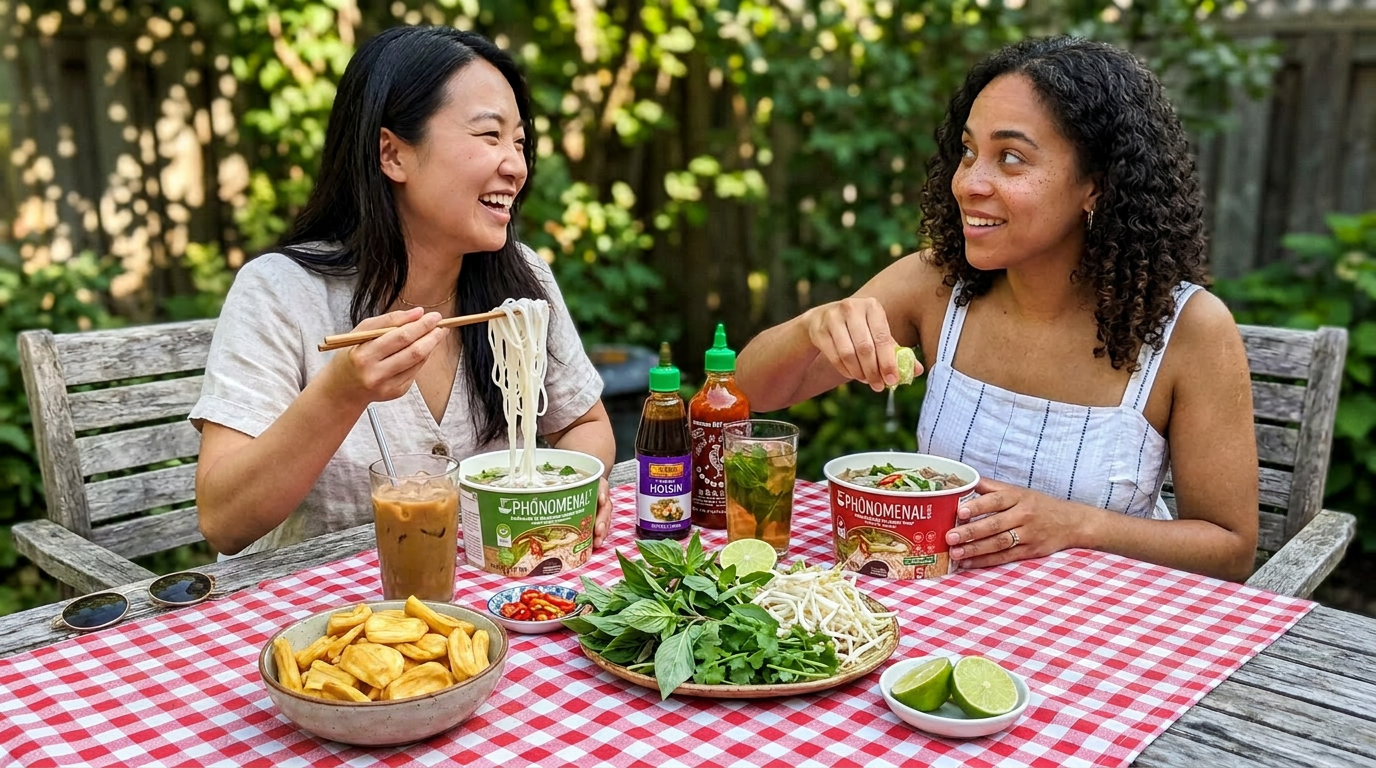Two friends sharing Pho'nomenal pho bowls outdoors in summer with fresh herb garnishes, iced drinks, and Jackfruit Chips on a red gingham table in a garden patio.
