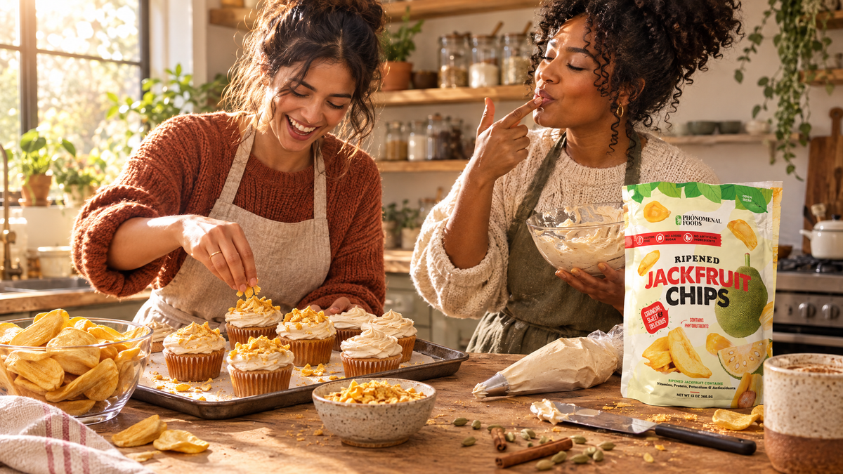 Two women in a warm kitchen adding crushed Pho'nomenal Jackfruit Chips to freshly frosted chai cupcakes, one tasting the mascarpone frosting straight from the bowl.