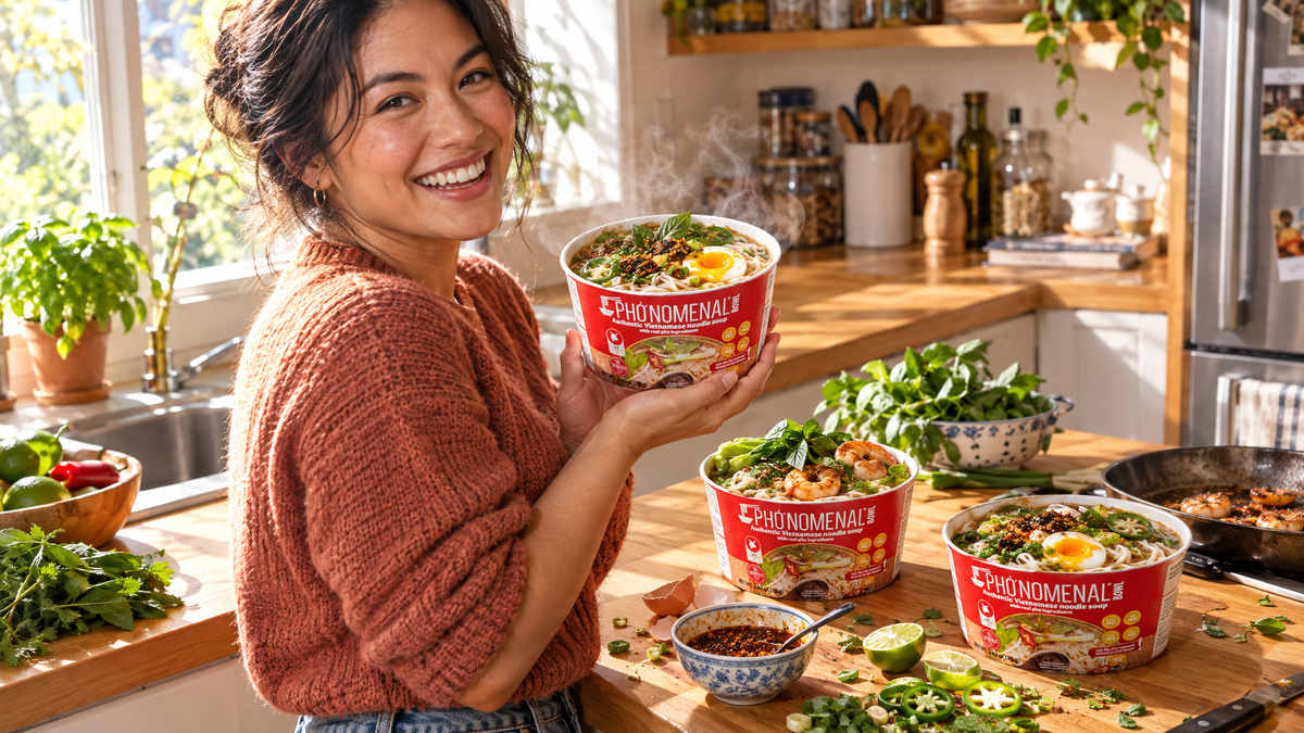 A woman in her kitchen holding up a finished bowl of Pho'nomenal pho to the camera, with two more bowls and pho toppings on the counter behind her