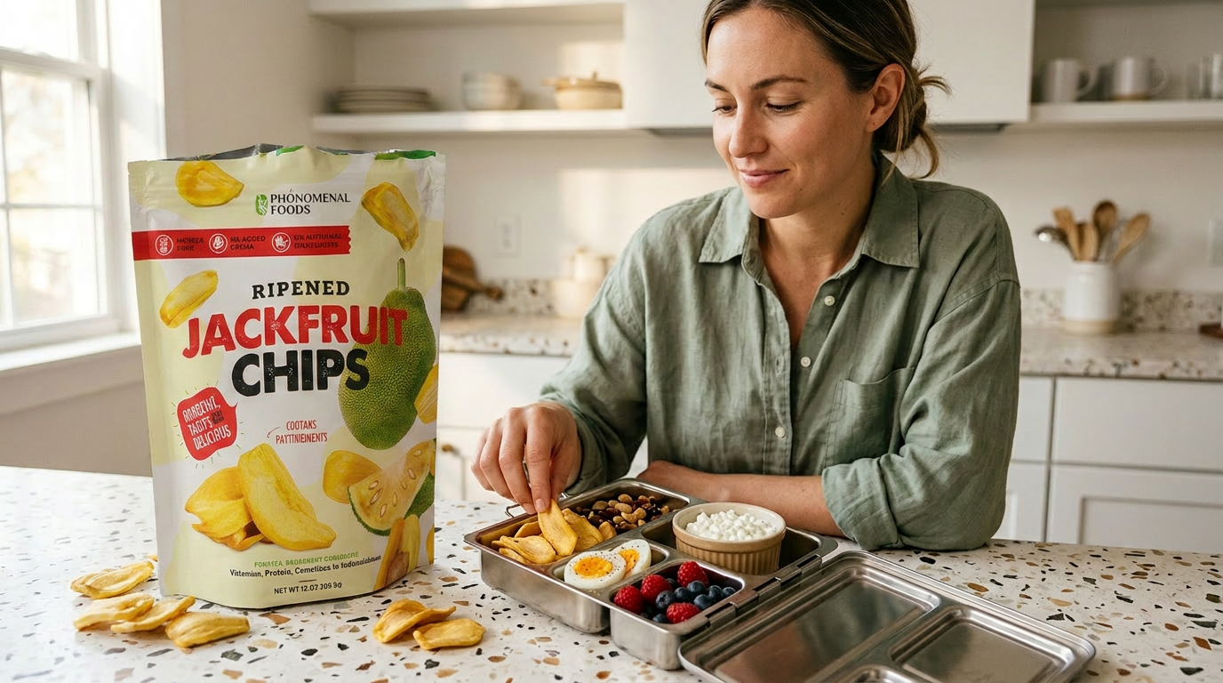 Woman on a work break eating from a bento box with Pho'nomenal Jackfruit Chips, cottage cheese, and fresh berries on a terrazzo surface