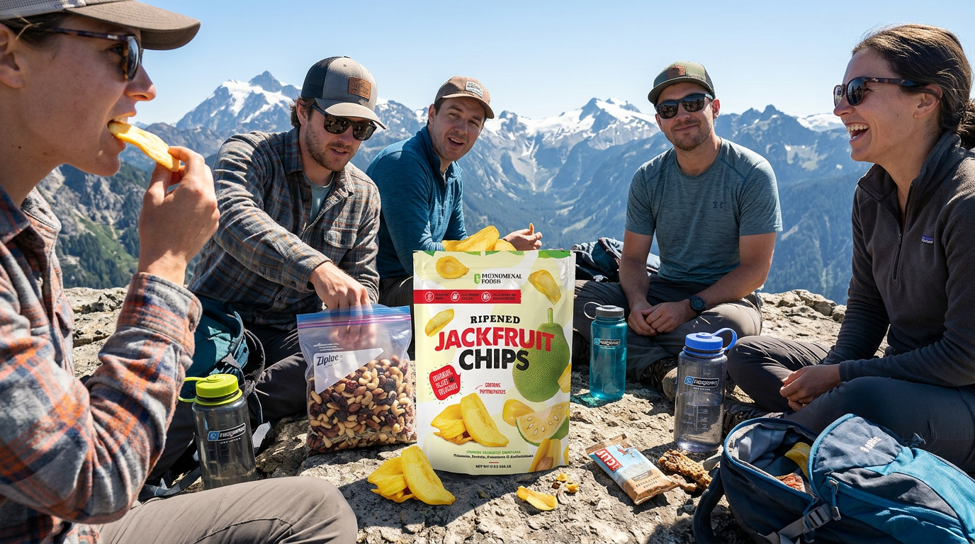 Group of friends sharing Pho'nomenal Ripened Jackfruit Chips and trail mix while resting at a mountain summit on a hike