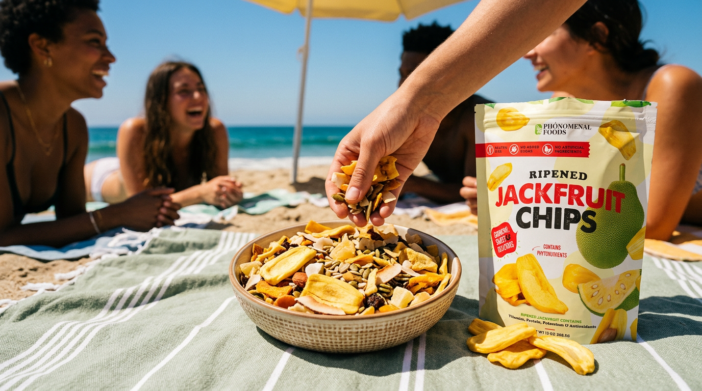 Bowl of homemade trail mix with Pho'nomenal Jackfruit Chips, dried mango, coconut flakes and pumpkin seeds being passed around at the beach