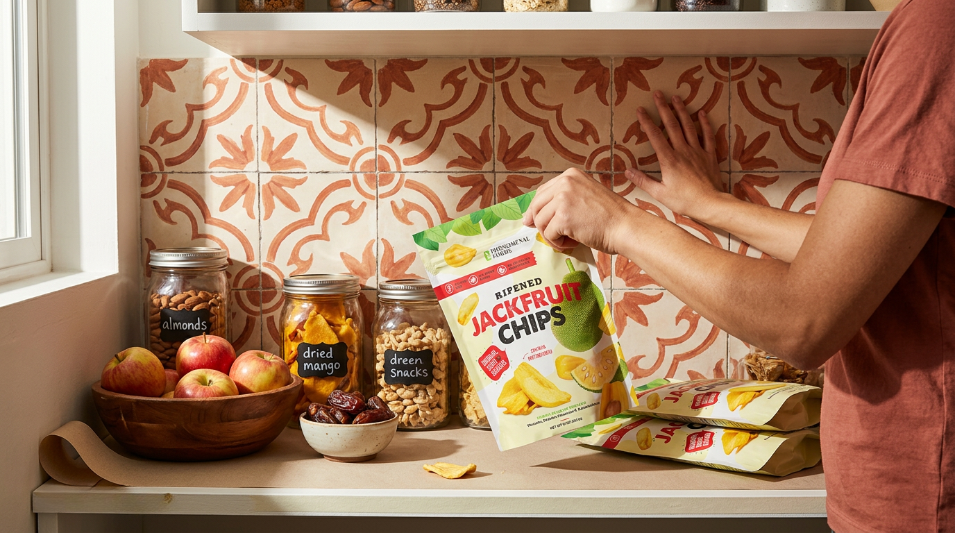 A person pulling a bag of Pho'nomenal jackfruit chips off a pantry shelf stocked with other single-ingredient snacks including nuts, dried fruit, and fresh apples.