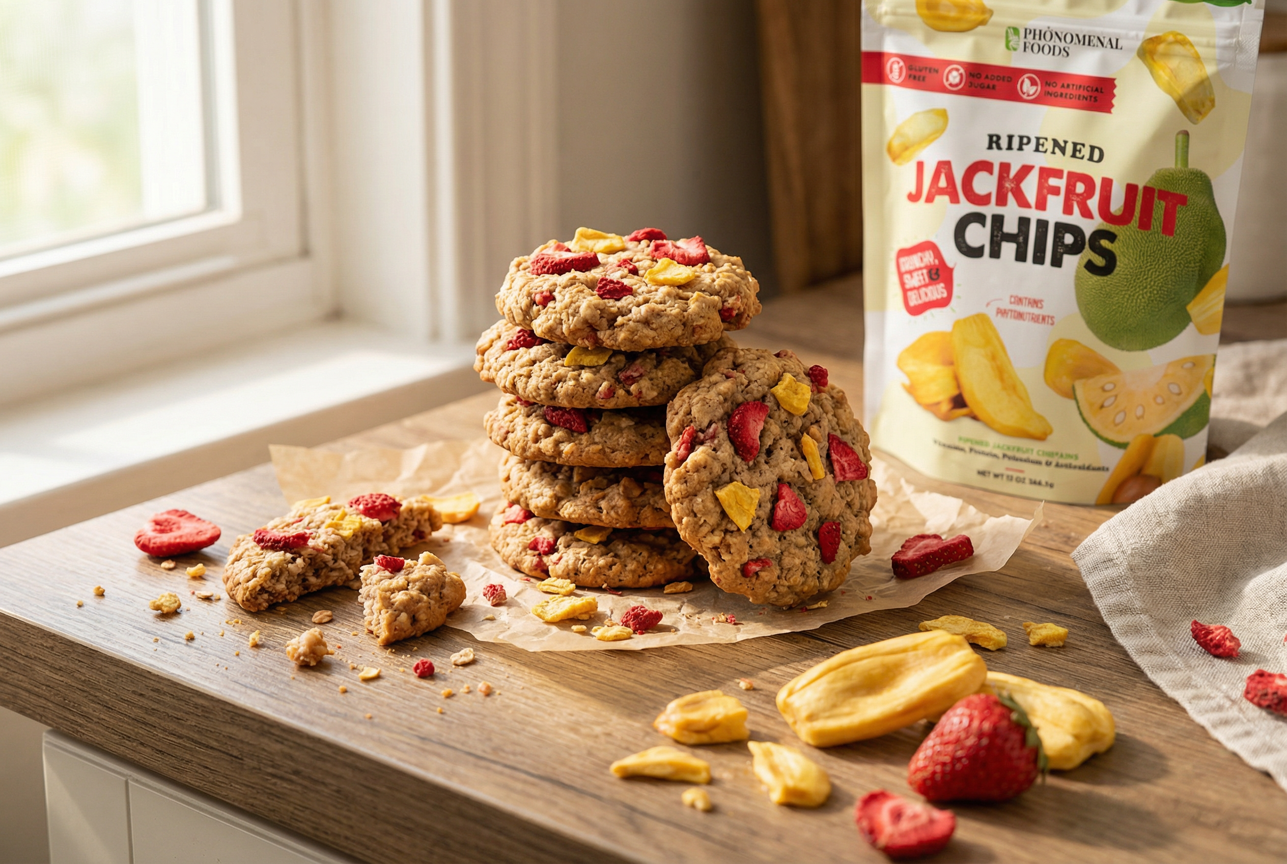 Strawberry oatmeal cookies with jackfruit chips and freeze dried strawberries on parchment paper