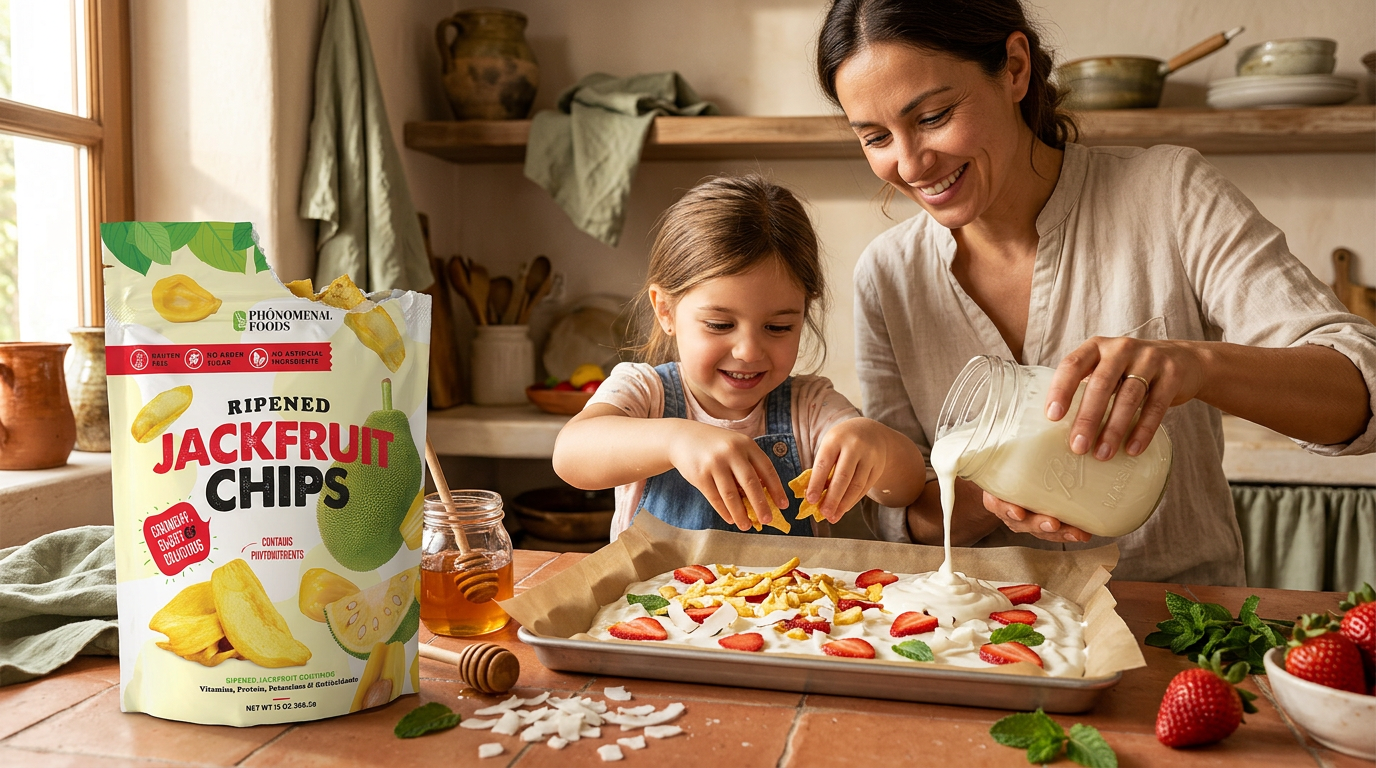 A mom and child making tropical yogurt bark together in a warm Mediterranean kitchen, scattering crushed Pho'nomenal Jackfruit Chips over a yogurt-covered sheet pan with strawberries, coconut flakes, and mint.