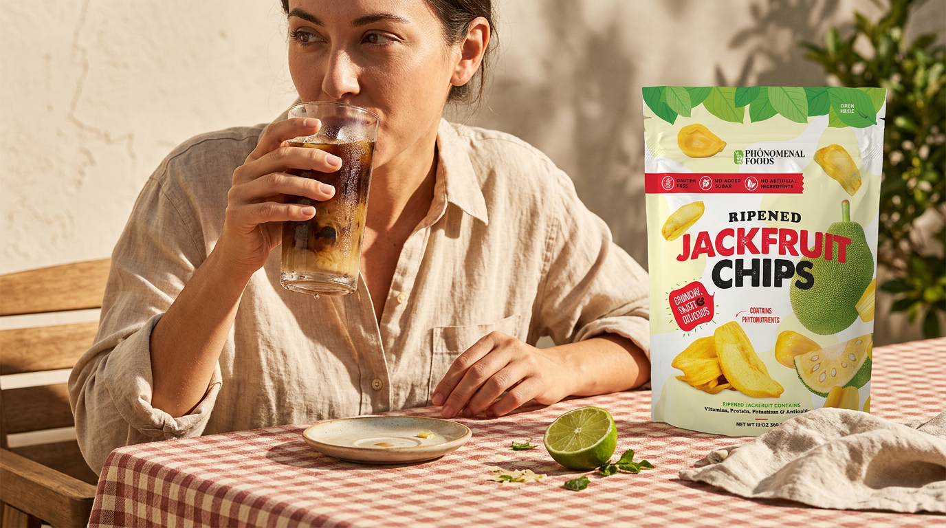 Woman mid-sip of Vietnamese iced coffee at an outdoor gingham table — summer afternoon ritual with Pho'nomenal Jackfruit Chips